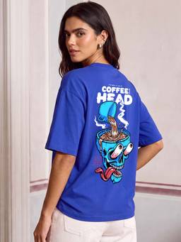 Bewakoof - Women's Blue Coffee Head Graphic Printed Oversized T-shirt