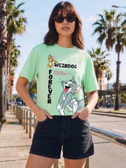 Bewakoof - Official Tom & Jerry Women's Green Weirdos Forever Graphic Printed Oversized T-shirt