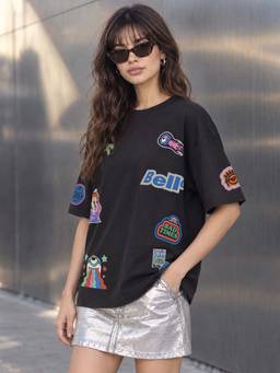Bewakoof - Women's Black Patch Minion Graphic Printed Oversized T-shirt