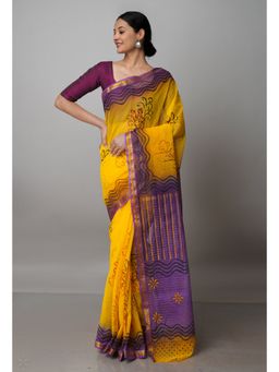 Unnati Silks - Yellow Pure Block Printed Kota Cotton Saree with Unstitched Blouse