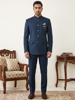 Jompers - Navy Blue Solid Japanese Fabric Sherwani with Pant