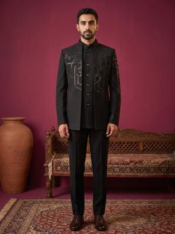 Jompers - Black Japanese Fabric Embroidered Shewani with Kurta & Pant