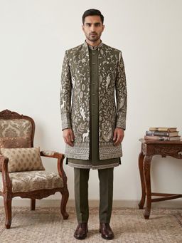 Jompers - Men Green Premium Japanese Fabric Sherwani with Kurta & Pant