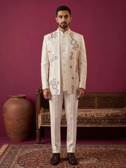 Jompers - Men Off White Cotton Blend Embroidered Sherwani with Kurta & Pant