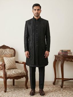 Jompers - Men Black Japanese Fabric Sherwani with Kurta & Pant