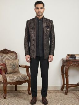Jompers - Men Black Velvet Embroidered Sherwani with Kurta & Pant