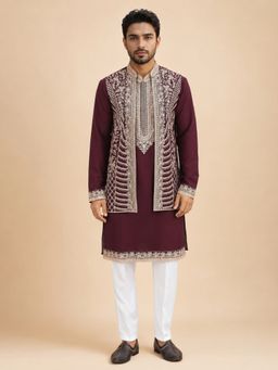 Jompers - Men Maroon Embroidered Kurta with Pyjama & Jacket