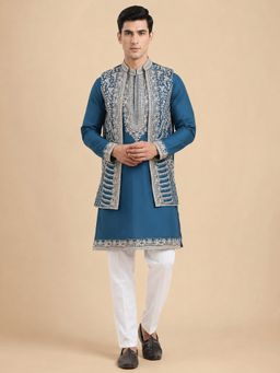 Jompers - Men Teal Embroidered Kurta with Pyjama & Jacket
