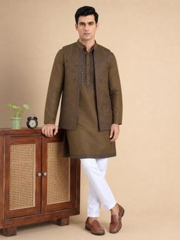 Jompers - Olive Embroidered Kurta with Pyjama & Jacket For Men