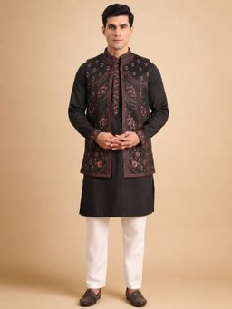 Jompers - Black Embroidered Kurta with Pyjama & Jacket For Men