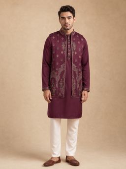 Jompers - Purple Embroidered Kurta with Pyjama & Jacket For Men