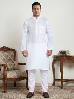 Jompers - Men White Cotton Striped Kurta with Pyjama