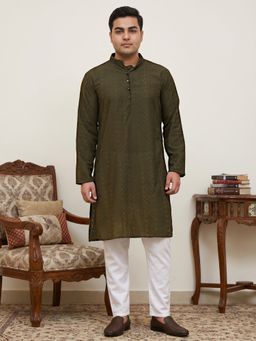 Jompers - Olive Embroidered Cotton Kurta with Pyjama