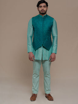 Runit Gupta - Turquoise Handquilted Silk Half Jacket