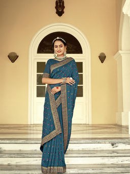 Odette - Teal Vichitra Embroidered Saree with Unstitched Blouse