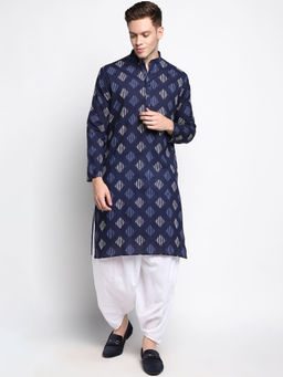 Devoiler - Men Block Printed Navy Blue Fine Cotton Kurta