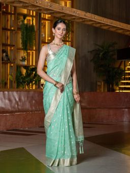 Beatitude - Sea Green Gold-Toned Woven Design Zari Saree with Unstitched Blouse