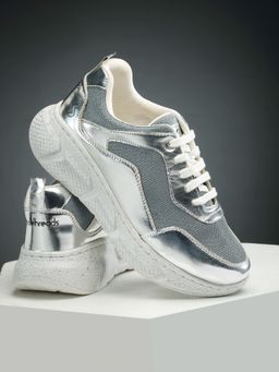 SOLETHREADS - Glam Silver Self Design Women Sneakers