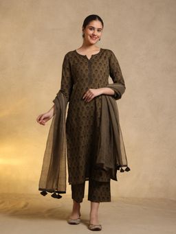 Jaipuri Banno - Mehandi Green Straight Line Kurta with Pant and Dupatta