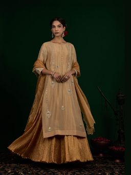 Omana by Ranjana Bothra - Beige Chand Kurta with Maxi Dress and Dupatta