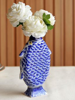 Unravel India - Madhubani Fish Blue Pottery Flower Vase