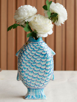 Unravel India - Madhubani Fish Shades Of Earth Blue Pottery Flower Vase