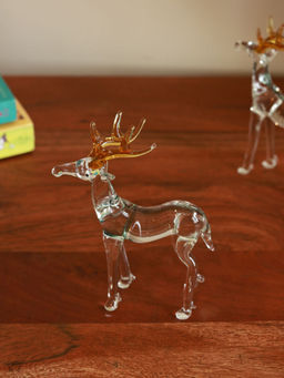 Unravel India - Handcrafted Crystal Glass Deer Figurine With Golden Antlers
