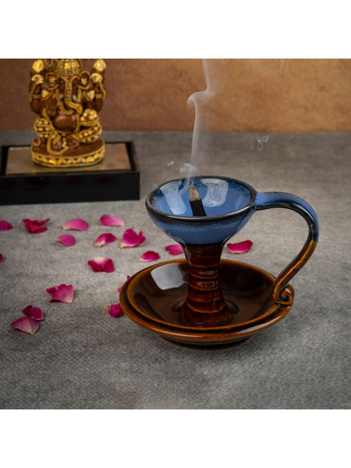 BODHI HOUSE Reactive Glaze Ceramic Dhoop Dani Loban Burner Holder Stand Blue And Brown