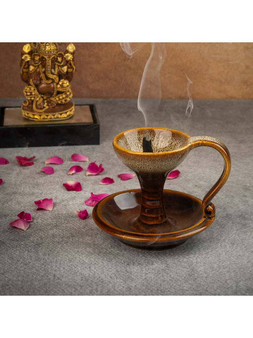 BODHI HOUSE Reactive Glaze Ceramic Dhoop Dani Loban Burner Holder Stand Brown