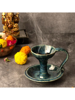 BODHI HOUSE - Reactive Glaze Ceramic Dhoop Dani Loban Burner Holder Stand Peacock Green