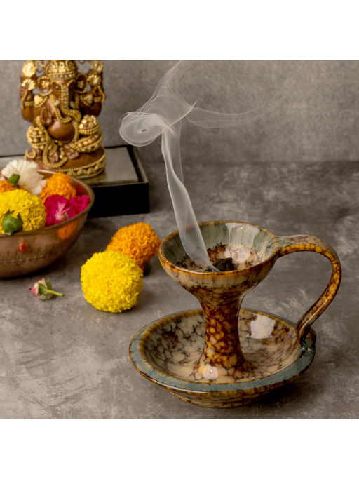BODHI HOUSE Reactive Glaze Ceramic Dhoop Dani Loban Burner Holder Stand Peanut Brown