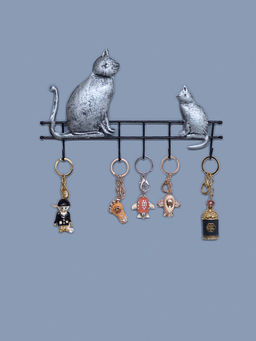 Golden Peacock - Silver-Toned Black Iron Cat Style Wall Hanging Key Holder