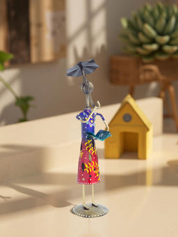 Golden Peacock - Blue Red Colour Hand-Painted Lady With Umbrella Showpiece
