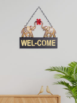 Golden Peacock - Black Welcome Message Elephant Metal Wall Hangings