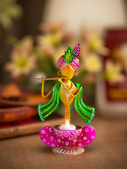 Golden Peacock - Green Magenta Handcrafted Krishna Showpiece