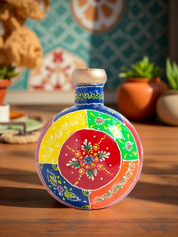 Golden Peacock - Metal Multicolor Hand Painted Floral Decorative Vase