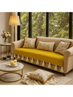 THROW PILLOW - Mustard Sofa Cover With White Tassels Mustard