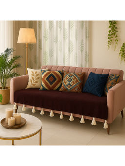 THROW PILLOW - Dark Brown Sofa Cover With White Tassels Brown