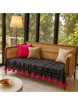 THROW PILLOW - Black Tribal Printed Sofa Cover With Magenta Tassels Black