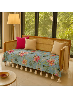 THROW PILLOW - Humming Bird Printed Sofa Cover With White Tassels MultiColour