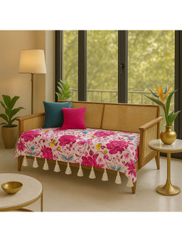 THROW PILLOW - Pink Floral Printed Sofa Cover With White Tassels Pink