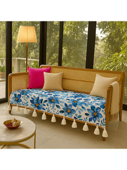 THROW PILLOW - Blue Floral Printed Sofa Cover With White Tassels Blue