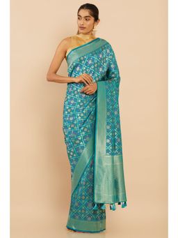 Soch - Women Blue Silk Floral Saree with Unstitched Blouse