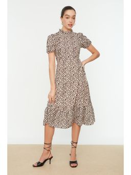 Trendyol - Womens Cream & Black Animal Print Midi Dress
