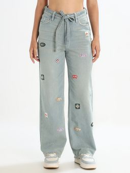 ONLY - Women's Self Design Straight Fit Blue Jeans with Belt