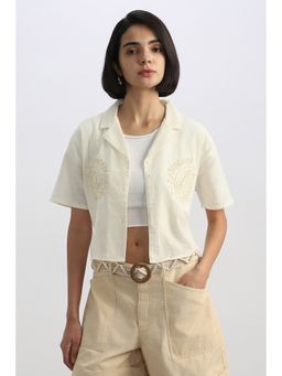 Allen Solly - Women Cream Embroidered Short Sleeves Shirt