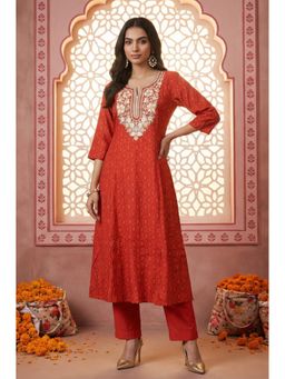 Aurelia - Women Red Viscose Embroidered Kurta