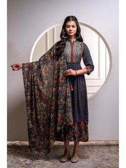 Juniper - Women Grey Viscose Printed Dress with Dupatta and Dori