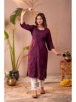 Juniper - Women Wine Viscose Embroidered Kurta