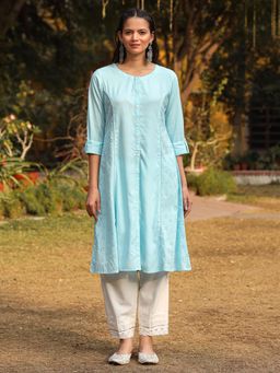 Juniper - Women Blue Liva Embroidered Kurta
